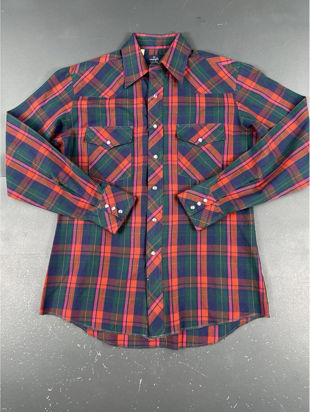 Wrangler Shirt Mens Medium Green Blue Red Tartan Plaid Pearl 90's Western Rodeo